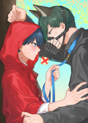 2boys against_tree anger_vein animal_ears aqua_eyes bite_mark bite_mark_on_arm bite_mark_on_face bite_mark_on_hand blue_eyes blue_hair blue_lock blush closed_mouth cosplay fingernails green_hair hand_on_another&#039;s_arm highres holding holding_leash isagi_yoichi itoshi_rin leash little_red_riding_hood male_focus multiple_boys muzzle parted_lips red_hood sharp_fingernails short_hair spoken_x tearing_up teeth tree two-tone_background udality upper_body wolf_ears yaoi