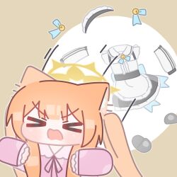 Rule 34 | &gt; &lt;, 1girl, animal ear fluff, animal ears, bell, blue archive, blunt bangs, brown background, chibi, commentary, dress, english commentary, halo, highres, horuhara, long hair, long sleeves, mari (blue archive), motion lines, neck ribbon, no nose, open mouth, pajamas, pink pajamas, polka dot, polka dot pajamas, ribbon, shoes, solo, unworn dress, unworn headwear, unworn shoes, upper body, v-shaped eyebrows, yellow halo
