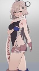 Rule 34 | 1girl, adjusting clothes, adjusting swimsuit, american flag, american flag print, american flag skirt, black one-piece swimsuit, blue gloves, blush, breasts, commentary, cowboy shot, denim, denim skirt, english text, flag print, gloves, grey eyes, grey hair, hair ornament, headgear, highleg, highleg one-piece swimsuit, japanese flag, kantai collection, kill markings, long hair, looking at viewer, neju, one-piece swimsuit, open mouth, partially fingerless gloves, print skirt, profanity, red gloves, scarf, simple background, skirt, solo, super highleg, swimsuit, two-tone one-piece swimsuit, wahoo (kancolle), wahoo kai (kancolle), white scarf