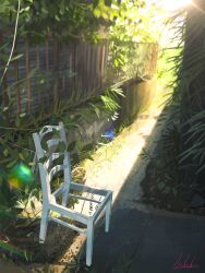 absurdres artist_name banishment blurry chair commentary_request day depth_of_field foliage highres leaf no_humans original outdoors plant railing scenery shade signature sunlight wooden_chair