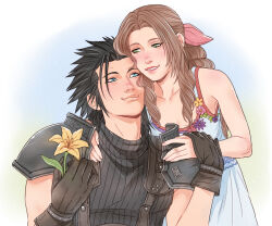 1boy 1girl aerith_gainsborough armor bare_shoulders black_gloves black_hair black_sweater blue_eyes blush braid braided_ponytail brown_hair closed_mouth collarbone commentary couple crisis_core_final_fantasy_vii crylin6 dress drill_hair drill_sidelocks english_commentary final_fantasy final_fantasy_vii flower gloves gradient_background green_eyes hair_ribbon hands_on_another&#039;s_shoulders heads_together holding holding_flower lips long_hair looking_at_another parted_lips pink_ribbon ribbed_sweater ribbon shoulder_armor sidelocks sleeveless sleeveless_turtleneck smile spiked_hair suspenders sweater turtleneck turtleneck_sweater upper_body white_dress yellow_flower zack_fair
