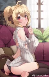 1girl absurdres andira_(granblue_fantasy) animal_ears antenna_hair ass backless_outfit black_pantyhose blonde_hair blurry blurry_background blush brown_thighhighs candy chocolate chocolate_heart couch food granblue_fantasy hairband heart highres holding holding_chocolate holding_food indoors long_sleeves looking_at_viewer looking_back monkey_ears monkey_girl monkey_tail open_mouth pantyhose pillow plant pyonsan red_eyes short_hair sidelocks simple_background sitting solo sweater tail thighhighs turtleneck turtleneck_sweater twitter_username two_side_up valentine wariza window