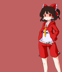Rule 34 | 1girl, alternate costume, bow, brown hair, commentary request, feet out of frame, frilled bow, frilled hair tubes, frills, hair bow, hair tubes, hakurei reimu, hands in pockets, hood, hood down, hoodie, kazuiyun, long sleeves, looking at viewer, necktie, open clothes, open hoodie, open mouth, orb, red background, red bow, red eyes, red hoodie, red shorts, rope belt, shaded face, shirt, shorts, sidelocks, simple background, solo, standing, touhou, white shirt, yellow necktie, yin yang, yin yang orb