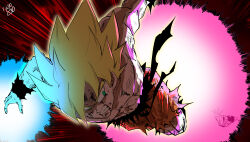Rule 34 | battle, blonde hair, dragon ball, dragonball z, energy, final form frieza, frieza, highres, looking back, male focus, muscular, muscular male, open mouth, pants, pectorals, ruto830, son goku, spiked hair, super saiyan, super saiyan 1, topless male, torn clothes, torn pants