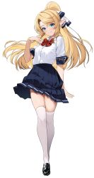 1girl absurdres arm_at_side black_shoes blonde_hair blue_eyes blue_skirt blush bow bowtie closed_mouth collared_shirt commentary elf english_commentary enjo_kouhai floating_clothes floating_hair full_body hair_ribbon hand_up high_ponytail highres iris_(takunomi) loafers long_hair long_pointy_ears looking_at_viewer pleated_skirt pointy_ears ponytail red_bow red_bowtie ribbon school_uniform second-party_source shirt shirt_tucked_in shoes short_sleeves simple_background skirt smile solo takunomi thighhighs very_long_hair white_background white_shirt white_thighhighs