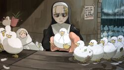 &gt;_&lt; 2girls ^_^ bags_under_eyes bird blonde_hair blue_eyes chicken closed_eyes clumsy_nun_(diva) commentary dirty diva_(hyxpk) drying duck english_commentary feathers flower habit hair_flower hair_ornament hairpin highres leaf little_nuns_(diva) mole mole_on_cheek mud multiple_girls nose_bubble note nun queue rain slice_of_life strict_nun_(diva) towel traditional_nun wet