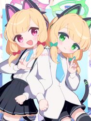 2girls :d animal_ear_headphones animal_ears anzen_robo_(474zz) aqua_background aqua_necktie artist_name black_shorts black_tail black_thighhighs blonde_hair blue_archive blunt_bangs blush bow cat_ear_headphones cat_ears cat_tail clenched_hand closed_mouth collared_shirt commentary cowboy_shot dotted_background fake_animal_ears fake_tail frilled_skirt frills green_bow green_eyes green_halo hair_bow halo hand_up headphones locked_arms long_sleeves looking_at_viewer low-tied_sidelocks medium_hair midori_(blue_archive) momoi_(blue_archive) multiple_girls necktie no_jacket open_mouth outside_border parted_bangs pink_eyes pink_halo pleated_skirt puffy_long_sleeves puffy_sleeves red_bow school_uniform shirt shirt_tucked_in short_shorts shorts siblings sidelocks sisters skirt smile split_mouth suspender_skirt suspenders tail thighhighs twins twitter_username untucked_shirt v v-shaped_eyebrows w white_shirt zettai_ryouiki