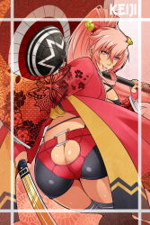 1girl ass ass_cutout blush breasts butt_crack clothing_cutout female_focus hyakka_ryouran_samurai_girls long_hair long_image maeda_keiji pink_eyes pink_hair solo tall_image thighhighs tongue tongue_out x-t3al