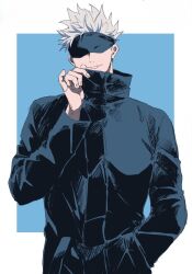 1boy arm_up black_blindfold black_coat blindfold closed_mouth coat collared_coat commentary cowboy_shot fingernails gojou_satoru hand_in_pocket jujutsu_kaisen kisaragi-hanare long_sleeves male_focus popped_collar short_hair smile solo spiked_hair white_hair