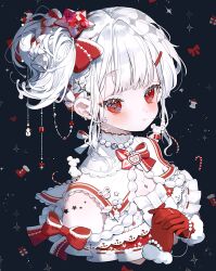 1girl bare_shoulders bead_necklace beads blue_background blush bow bowtie candy candy_cane christmas christmas_stocking closed_mouth commentary cropped_torso dress food fur-trimmed_gloves fur_trim gloves hair_ornament hair_ribbon hairclip jewelry karo_(karohroka) looking_at_viewer mouse_(animal) necklace one_side_up original own_hands_together red_bow red_bowtie red_eyes red_gloves red_ribbon ribbon short_hair sidelocks solo star_(symbol) star_hair_ornament white_dress white_hair