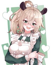 1girl :d absurdres alternate_hairstyle animal_ears apron blonde_hair bow contrast_collar ddrawins dress frilled_apron frills green_dress green_eyes heart high_ponytail highres indie_virtual_youtuber nimi_nightmare open_mouth ponytail round_collar sleeve_slit smile solo tapir_ears tapir_girl white_apron white_bow