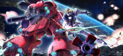 absurdres artist_name battle char&#039;s_counterattack chinese_commentary commentary duel earth_(planet) energy_sword english_commentary explosion funnels_(gundam) green_eyes gundam highres holding holding_sword holding_weapon in_orbit insignia mecha mixed-language_commentary mobile_suit no_humans noisi nu_gundam one-eyed outstretched_arm planet robot sazabi science_fiction space star_(sky) sword thrusters twitter_username v-fin watermark weapon weibo_watermark zero_gravity
