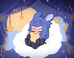 Rule 34 | 1boy, animal ears, black coat, black coat (kingdom hearts), black gloves, black shoes, blue fur, blue hair, blue theme, chibi, chibi only, closed eyes, cloud, coat, commentary, cross scar, curtains, floating, full body, gloves, heart, hugging object, kingdom hearts, long hair, male focus, moon, night, night sky, on cloud, rabbit boy, rabbit ears, rabbit tail, saix, scar, scar on face, shoes, sky, solo, sparkle, squidkid528, star (symbol), tail
