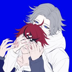 2boys aotsuki_eito blood blood_on_hands blue_background blue_eyes clenched_teeth covering_another&#039;s_eyes crying drawstring glasses grey_hair hands_up hood hooded_jacket hoodie injury jacket male_focus multicolored_hair multiple_boys red_hair scratches scratching seiran_yoroz short_hair simple_background streaked_hair sumino_takumi teeth the_hundred_line_-last_defense_academy- white_hoodie white_jacket