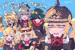 +_+ 1boy 5girls animal_ear_fluff black_gloves black_jacket blonde_hair blue_background blush_stickers burnice_white caesar_king_(zenless_zone_zero) clenched_hands clenched_teeth closed_eyes commentary_request crop_top crossed_bangs detached_sleeves eyewear_on_head fingerless_gloves furry furry_female gloves goggles goggles_around_neck green_hair hair_between_eyes hair_ornament helmet highres jacket koeda_(k83_4) lighter_(zenless_zone_zero) long_hair luciana_de_montefio mask mask_around_neck multiple_girls open_mouth orange_gloves piper_wheel pulchra_fellini red_eyes red_scarf scarf side_ponytail simple_background single_blush_sticker sunglasses sweat tail teeth translation_request zenless_zone_zero