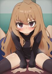1boy 1girl aisaka_taiga black_shirt black_thighhighs blush brown_eyes brown_hair flat_chest girl_on_top hetero highres koonowen long_hair looking_at_viewer no_pants panties pov shirt solo_focus spread_legs straddling thighhighs toradora! underwear