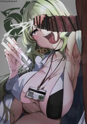 1boy 1girl absurdres armpits bikini black_panties blush breasts card censored cleavage cum dark-skinned_male dark_skin ejaculation fangs fellatio green_hair hetero highres honkai_(series) lab_coat large_breasts licking licking_penis long_hair long_tongue mobius_(honkai_impact) multicolored_bikini one_eye_covered open_mouth oral panties penis qr_code saliva smile swimsuit tomodachi_(tomofanart) tongue tongue_out tonguejob two-tone_bikini underwear vial