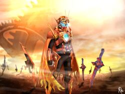 1boy antennae armor black_bodysuit blue_eyes bodysuit bug cape clenched_hands exgotchalibur fate_(series) flame_print gate gauntlets gears goggles goggles_on_head gotcha_driver gotchardcalibur gotchardriver_(daybreak) gotcha_driver_(daybreak) gotchartornado grasshopper gun highres holding holding_gun holding_weapon ichinose_houtarou_(future) insect jumping kamen_rider kamen_rider_gotchard_(series) kamen_rider_gotchard_daybreak leg_armor male_focus orange_armor orange_cape orange_theme planted reiei_8 scarf shoulder_armor signature solo stairs standing steam_hopper tokusatsu train weapon
