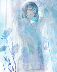 1girl arms_up backlighting black_hair blue_eyes blue_flower blue_hair closed_mouth collared_shirt colored_inner_hair cowboy_shot curtains double-parted_bangs expressionless eyelashes flower from_below hair_between_eyes halo ham_melon_(iloha_24) head_tilt looking_up medium_hair multicolored_eyes multicolored_hair orange_eyes original parted_lips see-through_curtains shirt sleeves_rolled_up solo standing straight_hair streaked_hair sunlight white_halo white_shirt white_theme