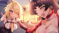 2girls absurdres astra_yao blonde_hair blunt_bangs blush braid braided_bun breasts building cleavage cloud cloudy_sky collarbone collared_shirt dress ear_piercing earrings evelyn_chevalier eyebrows_hidden_by_hair eyes_visible_through_hair hair_bun heart heart_in_mouth high-waist_pants highres holding_hands jewelry jouha large_breasts latex_pants long_hair looking_at_another multiple_girls necktie open_mouth orange_sky palm_tree pants piercing purple_eyes red_dress red_eyes shirt sky sleeveless sleeveless_shirt smile solo standing sunset tight_clothes tight_pants tree white_shirt yellow_necktie yuri zenless_zone_zero
