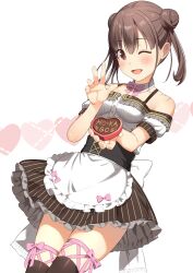 1girl apron bare_shoulders bow breasts brown_eyes brown_hair chocolate corset detached_collar double_bun food frilled_skirt frills green_skirt hair_bun highres holding holding_chocolate holding_food idolmaster idolmaster_shiny_colors lovingmiku2 medium_breasts pink_bow skirt solo sonoda_chiyoko striped_clothes striped_skirt thighhighs twintails vertical-striped_clothes vertical-striped_skirt white_apron