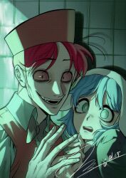 ._. 1boy 1girl animal_ears blue_hair chally_cst colored_sclera dated elevator_operator evil_smile fake_animal_ears hat highres looking_at_viewer masacrik psychocuties rabbit_ears red_hair red_sclera sharp_teeth short_hair signature smile teeth upper_body ushka_(psychocuties)
