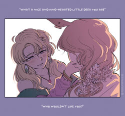 2girls animal_ears bare_shoulders blonde_hair blonney blush brown_hair deer_ears deer_girl ear_tag earrings english_text face-to-face facing_away flower grin half-closed_eyes hand_on_another&#039;s_cheek hand_on_another&#039;s_face highres humpnie jacket jessica_(reverse:1999) jewelry long_hair looking_at_another multiple_girls off_shoulder pendant purple_background purple_eyes purple_jacket reverse:1999 smile upper_body white_flower yuri