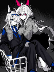 2girls absurdres ahoge animal_ears arm_around_neck black_jacket black_necktie black_pants black_skirt blue_eyes blue_shirt blue_socks bow closed_mouth collared_shirt cropped_hoodie ear_covers ear_ribbon expressionless grey_hoodie hair_between_eyes hair_over_one_eye hairband hand_on_own_leg highres hogwarts_school_uniform hood hood_down hoodie in_shopping_cart jacket long_hair long_sleeves looking_at_viewer loose_necktie multiple_girls necktie oguri_cap_(umamusume) pants parted_lips partially_colored red_eyes school_uniform shirt shopping_cart sitting skirt sleeves_past_fingers sleeves_past_wrists socks solo super_creek_(umamusume) tuwu_(user_yvte3782) umamusume very_long_hair yuri