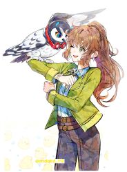 1girl 1other ahdqkd_112 animal animal_on_arm antenna_hair bird bird_on_arm bolo_tie brown_hair denim eiyuu_densetsu goggles goggles_around_neck green_eyes hair_between_eyes highres jacket jeans kai_no_kiseki kuro_no_kiseki_(series) long_hair looking_at_viewer one_eye_closed owl pants ponytail sidelocks simple_background smile solo towa_herschel twitter_username wavy_hair white_background