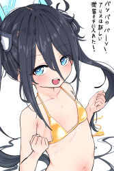 1girl absurdres alternate_hairstyle aris_(blue_archive) bikini blue_archive blue_eyes blue_halo commentary_request doroshe_(sdpw8474) flat_chest gold_bikini hair_between_eyes halo highres loli long_hair looking_at_viewer navel open_mouth smile solo swimsuit translation_request twintails