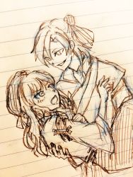 blush carrying embarrassed gender_request genderswap hat hourai_girl_(touhou) japanese_clothes looking_at_another miko monochrome portrait_of_exotic_girls princess_carry rokki_hero touhou traditional_media