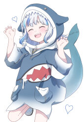 1girl absurdres animal_costume animal_hood aoi_(pixiv_96230382) blue_hair blue_hoodie blush claw_pose closed_eyes fins fish_tail gawr_gura gawr_gura_(1st_costume) heart highres hololive hololive_english hood hood_up hoodie medium_hair open_mouth shark_costume shark_girl shark_hood shark_tail sidelocks smile solo tail thighhighs virtual_youtuber white_hair