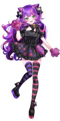 Rule 34 | 1girl, :3, animal hands, asymmetrical footwear, asymmetrical legwear, bell, belt, black belt, black bow, black dress, black shoes, black thighhighs, blush, bond en, bondlive, bow, cone hair bun, double bun, dress, eyeball, full body, gloves, green eyes, hair bow, hair bun, highres, jingle bell, leg up, mismatched footwear, mismatched legwear, multicolored hair, official art, open mouth, paw gloves, pink hair, pink thighhighs, puffy short sleeves, puffy sleeves, purple gloves, purple hair, purple thighhighs, shoes, short sleeves, simple background, solo, streaked hair, striped clothes, striped thighhighs, thighhighs, transparent background, trixie serenai, two-tone hair, virtual youtuber