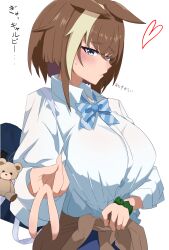 1girl absurdres animal_ears bag blush breasts brown_hair cheval_grand_(umamusume) closed_mouth commentary_request ekazawa_sdvx gyaru hair_between_eyes hair_ornament heart highres horse_girl large_breasts looking_at_viewer school_uniform simple_background solo umamusume v