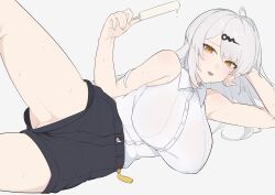 1girl absurdres arm_support black_shorts breasts collared_shirt food hair_ornament hairclip head_on_arm high-waist_shorts highres holding holding_food holding_popsicle knee_up large_breasts long_hair looking_at_viewer no_panties open_mouth popsicle pussy pussy_peek re1kirisaki342 shirt shorts sitting_sideways sleeveless sleeveless_shirt solo sweat thighs white_background white_hair white_shirt yellow_eyes yixuan_(zenless_zone_zero) zenless_zone_zero