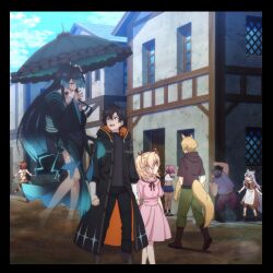 black_border black_hair black_jacket black_kimono black_pants blonde_hair border carmilla_(yami_healer) dark_skin dress elf end_card eyecatch ghost_girl hide_and_seek highres holding_hands house isshun_de_chiryou_shiteita_noni_yakutatazu_to_tsuihou_sareta_tensai_chiyushi_yami_healer_toshite_tanoshiku_ikiru jacket japanese_clothes kimono lily_(yami_healer) makaria multiple_boys multiple_girls official_art open_mouth orc outdoors pants parasol pink_dress pointy_ears shorts umbrella wolf_boy wolf_girl zenos_(yami_healer)