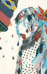 1girl abstract aqua_eyes argyle_clothes commentary_request expressionless hair_ornament hatsune_miku kmkika9 long_hair masking_tape_(medium) mixed_media partial_commentary polka_dot scarf sidelocks simple_background solo teardrop traditional_media twintails unconventional_media upper_body vocaloid white_background