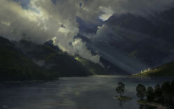 absurdres cloud cloudy_sky commentary english_commentary highres hill lake mountain nature no_humans original outdoors philipp_urlich scenery sky sunlight tree