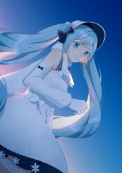 Rule 34 | 1girl, absurdres, ascot, bare shoulders, black bow, blue brooch, blue eyes, blue hair, blue sky, bonnet, bow, brooch, chinese commentary, clenched hand, closed mouth, collared dress, commentary request, cowboy shot, dawn, detached sleeves, dress, earrings, frilled dress, frills, gradient sky, hair bow, hair through headwear, happy, hatsune miku, highres, jewelry, kirina zero, light particles, lips, long dress, long hair, long sleeves, musical note, musical note print, outdoors, pink lips, pink sky, puffy long sleeves, puffy sleeves, sky, sleeve bow, sleeveless, sleeveless dress, smile, snowflake print, solo, standing, twintails, very long hair, vocaloid, white ascot, white bonnet, white dress, white sleeves, yuki miku, yuki miku (2020)