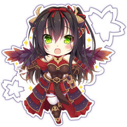 1girl armor bare_shoulders black_hair black_wings breasts emil_chronicle_online green_eyes hair_ribbon houou_alma japanese_armor large_breasts long_hair open_mouth red_ribbon ribbon standing standing_on_one_leg tabi wings yumemiya_subaru