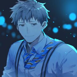 1boy absurdres bags_under_eyes blue_necktie collared_shirt commentary_request fate/grand_order fate_(series) hagiography highres looking_at_viewer male_focus necktie saitou_hajime_(fate) shirt short_hair solo suspenders upper_body white_shirt