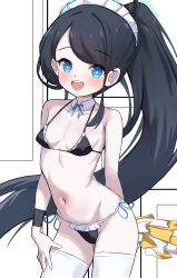 1girl absurdres aris_(blue_archive) aris_(maid)_(blue_archive) bikini black_hair blue_archive blue_eyes breasts commentary covered_erect_nipples highres loli long_hair maid maid_bikini maid_headdress navel ponytail small_breasts solo stomach swimsuit teeth thighhighs unconventional_maid upper_teeth_only very_long_hair white_thighhighs zhyseven