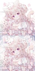 1girl animal animal_ears animal_on_head bell boots boqing_xiao_guafu bow bowtie braid brown_hair cat_ears cat_girl closed_mouth collarbone commission dress eyelashes fingerless_gloves frilled_sleeves frills gloves grey_boots grey_dress grey_gloves hair_between_eyes hair_bow hand_on_own_chest head_tilt highres light_blush lips long_hair multiple_hair_bows neck_bell on_head open_mouth original paw_print petting pink_lips puffy_short_sleeves puffy_sleeves purple_eyes rabbit rabbit_on_head rabbit_on_shoulder sample_watermark short_sleeves single_braid smile square_neckline tareme teeth too_many_watermarks two_side_up upper_body upper_teeth_only variations very_long_hair waist_bow watermark white_bow white_bowtie