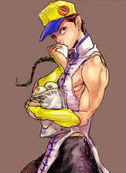 1boy bag baseball_cap black_hair black_pants blue_trim braid bridal_gauntlets brown_background chewing chinese_clothes commentary_request cowboy_shot eating floating_hair food grey_eyes hat holding holding_bag holding_food long_hair looking_to_the_side male_focus mandarin_collar mayuki_(ubiquitous) multicolored_hat pants pectorals sideburns sidepec sideways_glance simple_background single_bare_shoulder single_braid sleeveless solo steamed_bun street_fighter street_fighter_iii_(series) toned toned_male yellow_bridal_gauntlets yun_lee