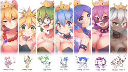 6+girls absurdres armlet bai_qiao ball bare_shoulders blonde_hair blue_eyes blue_hair bow bowsette_jr. bracelet breasts character_name collar collarbone dark-skinned_female dark_skin earrings facial_tattoo flat_chest gang gender_request genderswap glasses green_eyes green_hair group_name highres iggy_koopa iggysette jewelry koopalings large_breasts larrette larry_koopa lemmy_koopa lemmysette long_hair ludwig_von_koopa ludwigsette mario_(series) morton_koopa_jr. mortonsette multiple_girls necklace new_super_mario_bros._u_deluxe nintendo pink_bow pink_eyes pink_hair pointy_ears roy_koopa roysette short_hair smile spiked_armlet spiked_bracelet spiked_collar spikes super_crown super_mario_bros._3 tattoo upper_body v-shaped_eyebrows wand wendy_o._koopa wendysette white_hair