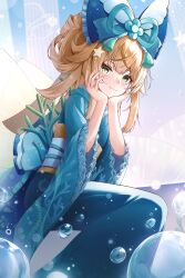 Rule 34 | 1girl, :3, absurdres, blonde hair, blue bow, blue kimono, blue sash, bow, commentary request, genshin impact, green eyes, hair bow, hands up, highres, ichizon, japanese clothes, kimono, kirara (genshin impact), long hair, looking at viewer, obi, official alternate costume, sash, sitting, smile, solo