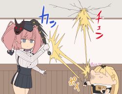 2girls :3 absurdres anchor_hair_ornament atlanta_(kancolle) black_hat blonde_hair breasts chibi club club_(weapon) commentary_request crack cracked_ceiling fingerless_gloves garrison_cap gloves grey_eyes grey_hair hair_ornament hairclip hat highres holding holding_weapon kantai_collection kloah large_breasts mask mask_on_head miniskirt multiple_girls pleated_skirt red_hair scarf setsubun skirt spiked_club suspender_skirt suspenders throwing translation_request twintails v-shaped_eyebrows weapon white_scarf yuudachi_(kancolle) yuudachi_kai_ni_(kancolle)