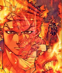 Rule 34 | 2boys, armor, claws, closed mouth, edaki shin&#039;ya, fire, full armor, ichimonji batsu, imawano hyou, justice gakuen, kagami kyousuke, kirishima kurou, looking at viewer, male focus, moero! justice gakuen, multiple boys, official art, roy bromwell, standing, tiffany lords, upper body, wakaba hinata