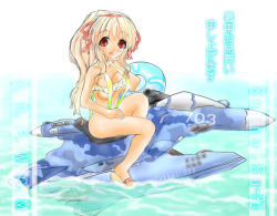 1girl aircraft airplane female_focus innertube jet mecha_musume military original ponytail riding shochuumimai slingshot_swimsuit solo su-35 su35 swim_ring swimsuit zahme_sau_(artist) zahme_sau_(cmpwgm)