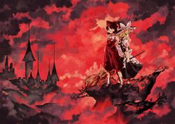 2girls apron ascot back-to-back bare_arms black_dress black_footwear blonde_hair bow braid branch breasts bright_pupils broom brown_eyes brown_hair castle closed_mouth cloud dome dress fog frilled_apron frilled_hat frills full_body hair_bow hair_tubes hakurei_reimu hat hat_bow highres holding holding_broom holding_stick kirisame_marisa mary_janes medium_hair multiple_girls oftooon outdoors profile puffy_short_sleeves puffy_sleeves red_ascot red_bow red_skirt red_sky red_theme red_vest sailor_collar shoes short_sleeves single_braid skirt sky small_breasts socks standing stick touhou vest white_apron white_bow white_pupils white_sailor_collar white_socks witch_hat